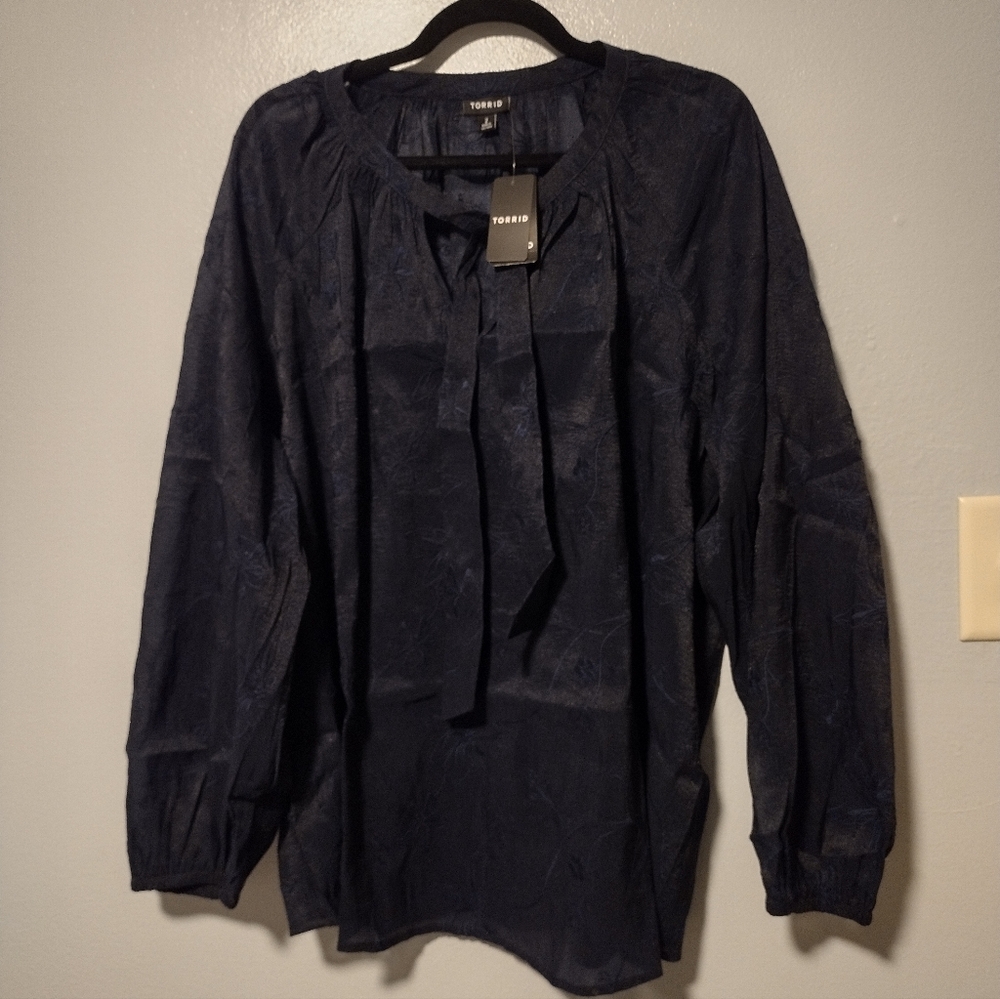 Torrid Chiffon Embroidered Tie Front Peasant Top Blouse - Picture 4 of 11